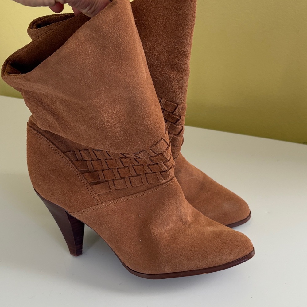 farylrobin Anthropologie Tan Suede Slouchy Foldover Heeled Ankle Boot Size 8 - Picture 2 of 15
